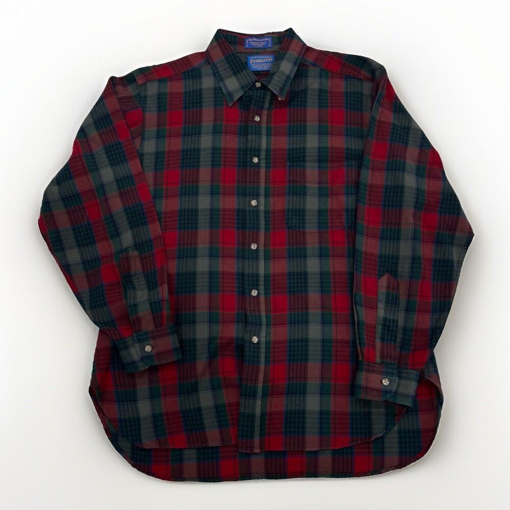 Pendleton Button Up Shirt Mens Size Large Virgin Wool Plaid Green Red Christmas